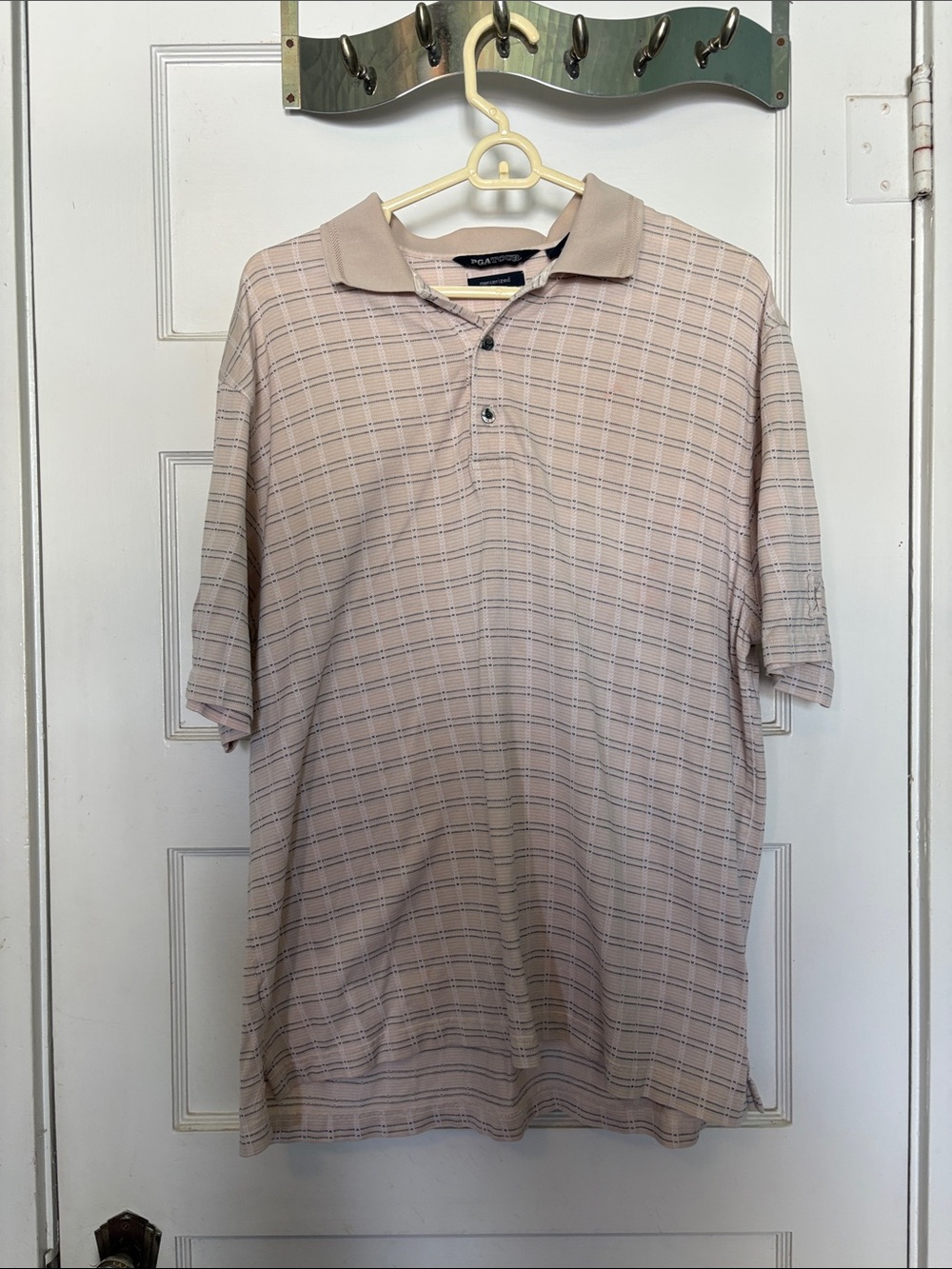 PGA Tour Men’s Light Beige Plaid mercerized Cotton Polo Shirt Size L